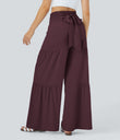 Breezeful™ High Waisted Shirred Tie Front & Back Wide Leg Flowy Quick Dry Casual Pants - Deep Crimson