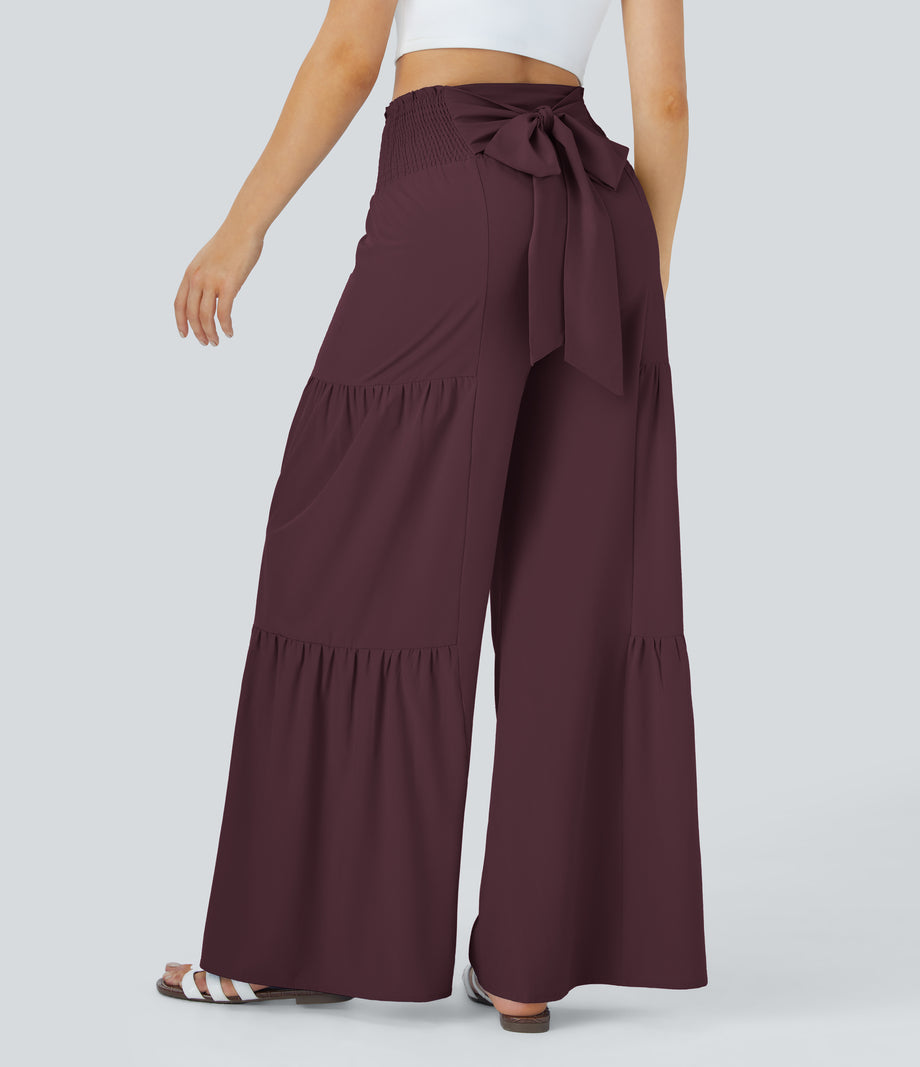 Breezeful™ High Waisted Shirred Tie Front & Back Wide Leg Flowy Quick Dry Casual Pants - Deep Crimson