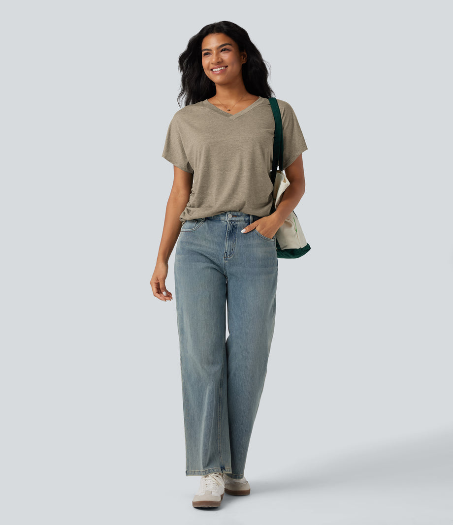 V-neck Short Sleeve Ruched Relaxed Casual Top - Khaki Floral Yarn