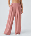 High Waisted Pocket Wide Leg Flowy Solid Palazzo Casual Linen-Feel Pants - Rosette