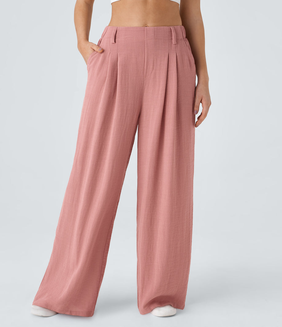 High Waisted Pocket Wide Leg Flowy Solid Palazzo Casual Linen-Feel Pants - Rosette