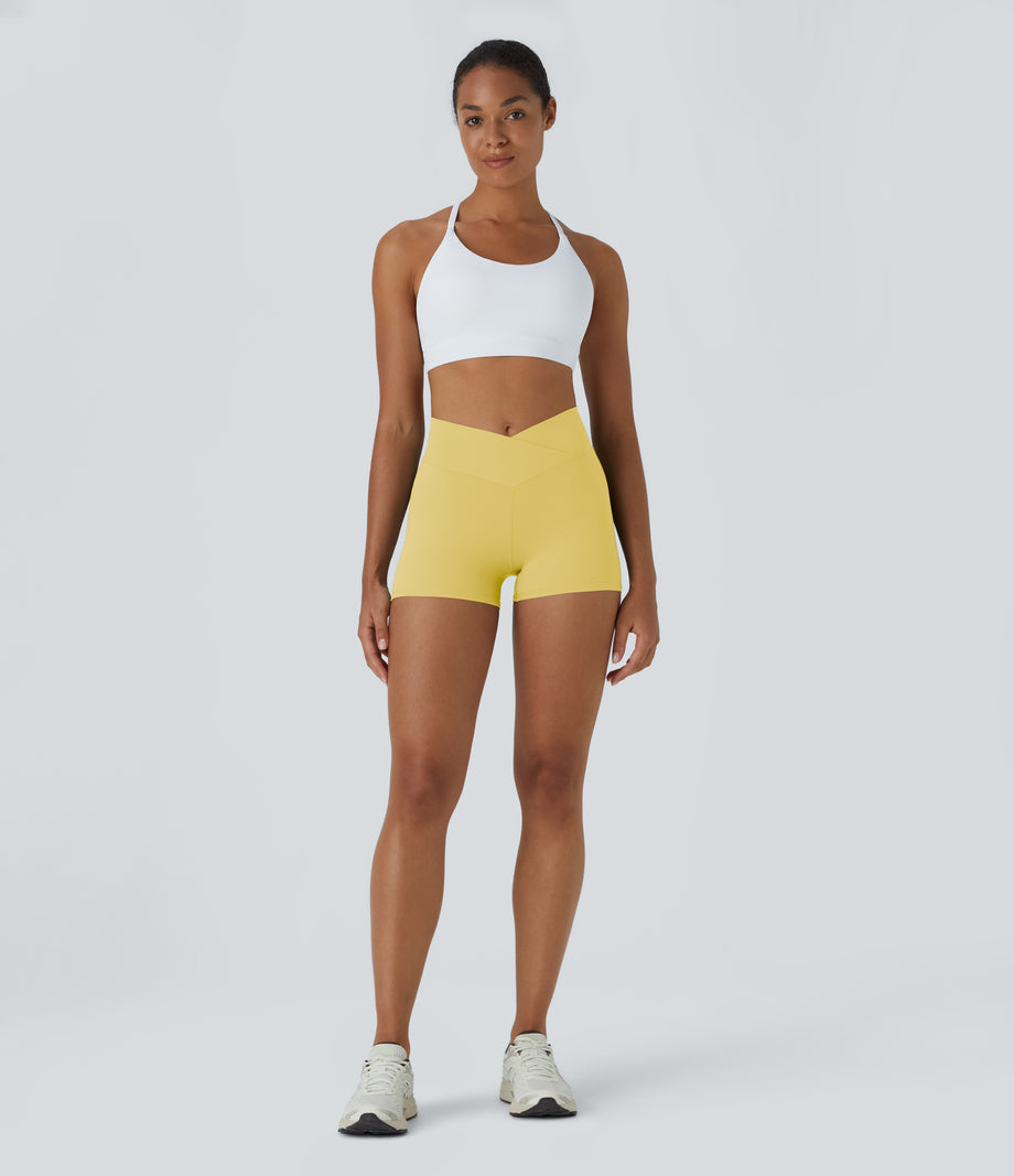SoftlyZero™ High Waisted Crossover Plain Yoga Biker Shorts 3''-UPF50+ - Lemon Meringue