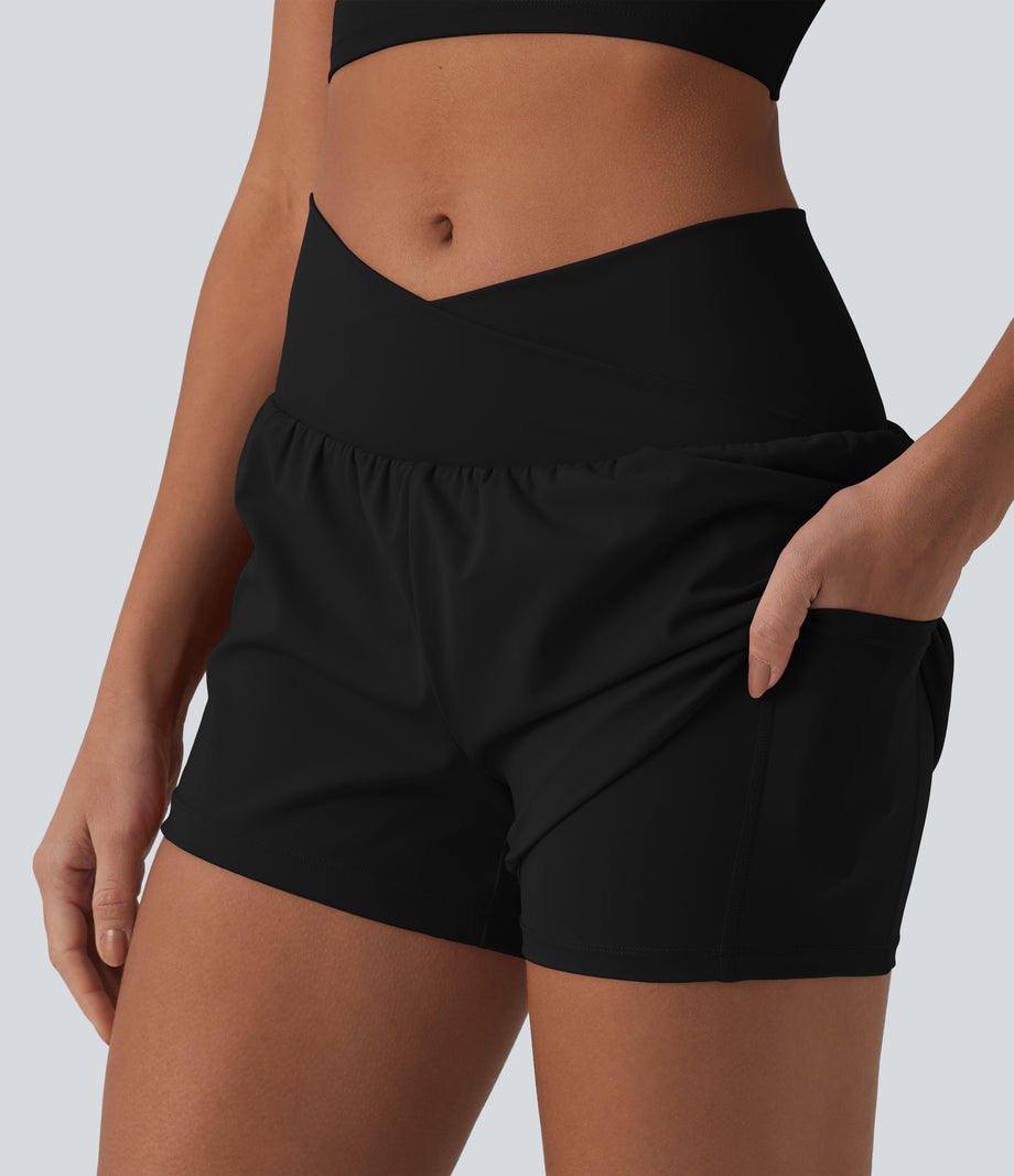 SoftlyZero™ Airy Crossover High Waisted 2-in-1 Cool Touch Yoga Shorts 3'' with Pockets - Black