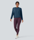 Round Neck Long Sleeve Ruched Yoga Sports Top-UPF50+ - Majolica Blue