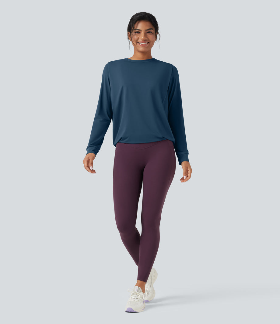 Round Neck Long Sleeve Ruched Yoga Sports Top-UPF50+ - Majolica Blue