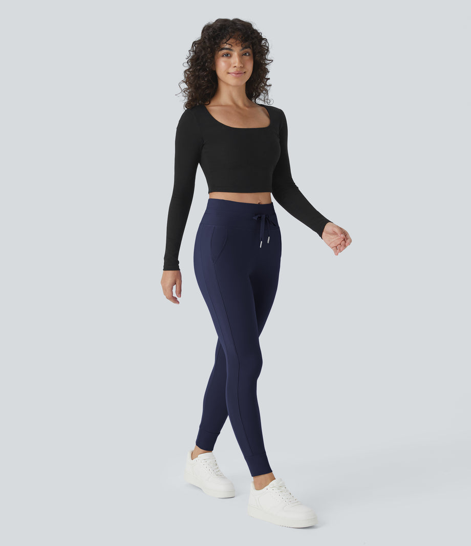 SoftlyZero™ Plush High Waisted Drawstring Pocket Plain Full Length Joggers - Peacoat