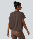 Round Neck Short Sleeve Ruched Cool Touch Yoga Sports Top-UPF50+ - Chocolate Martini