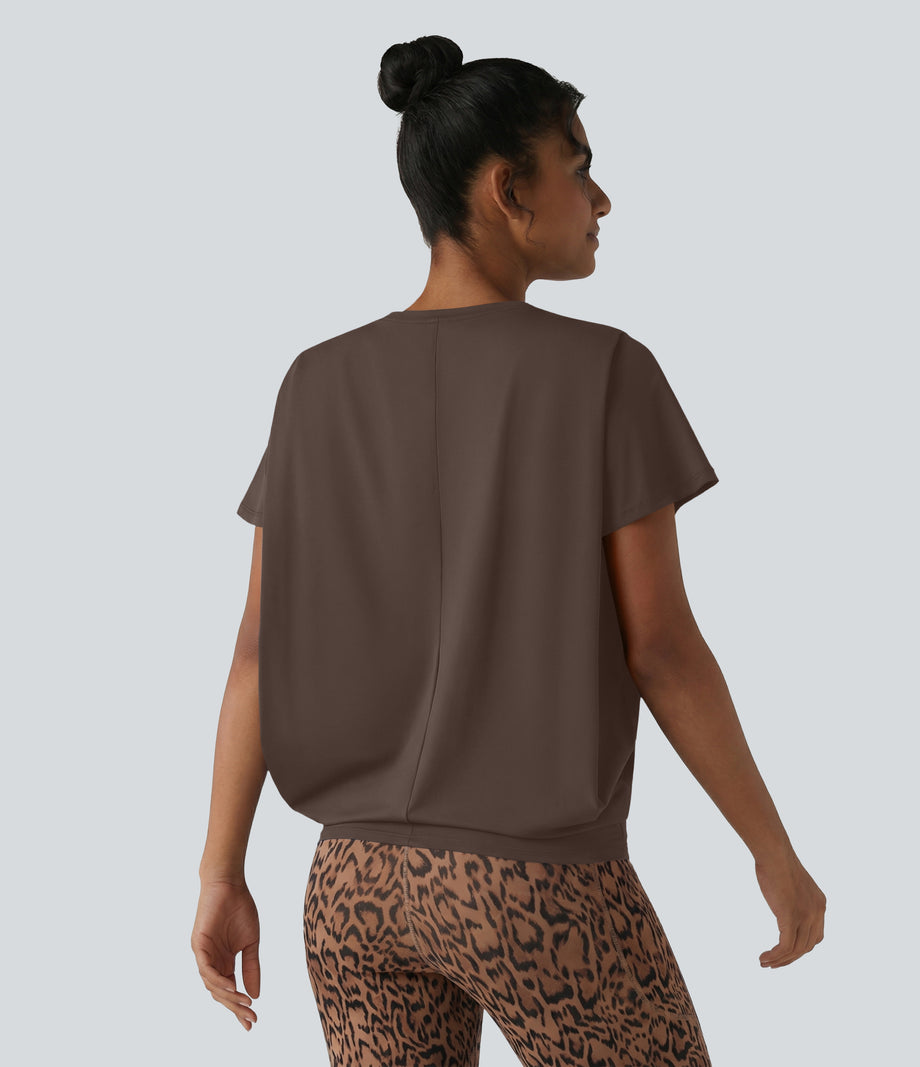 Round Neck Short Sleeve Ruched Cool Touch Yoga Sports Top-UPF50+ - Chocolate Martini