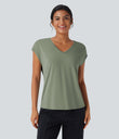 V Neck Short Sleeve Casual T-Shirt - Hedge Green