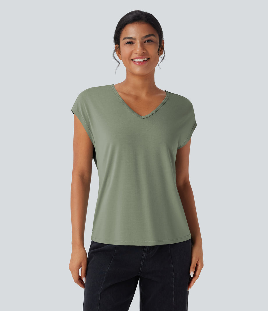 V Neck Short Sleeve Casual T-Shirt - Hedge Green