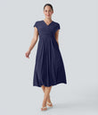 Breezeful™ V Neck Short Sleeve Pocket Tie Back Quick Dry Midi Casual Dress - Patriot Blue