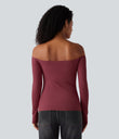 Ribbed Knit Off Shoulder Long Sleeve 2-in-1 Casual Top - Ruby Wine