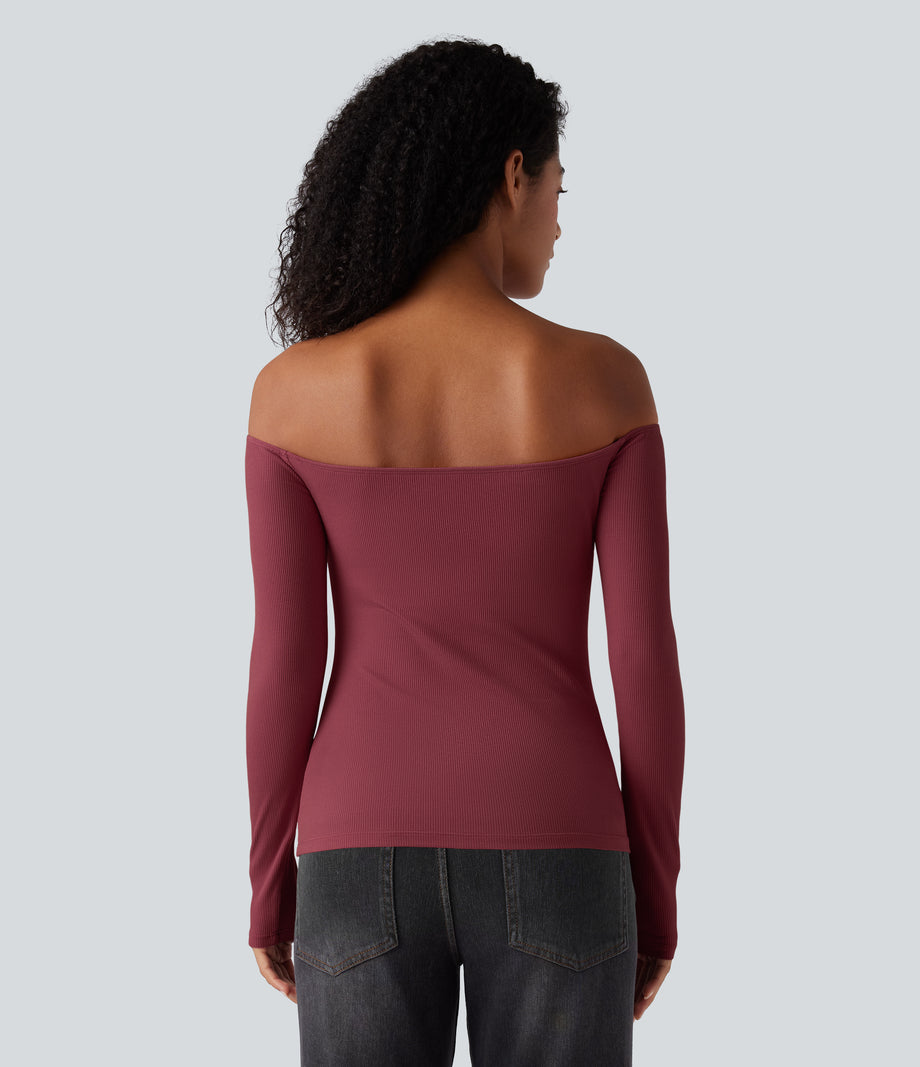 Ribbed Knit Off Shoulder Long Sleeve 2-in-1 Casual Top - Ruby Wine