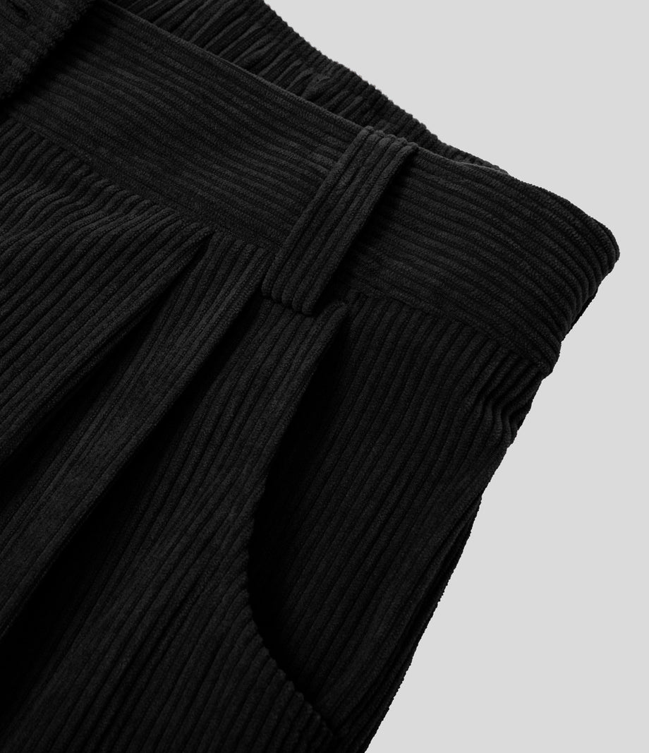 Mid Rise Zipper Pocket Corduroy Casual Pants - Black