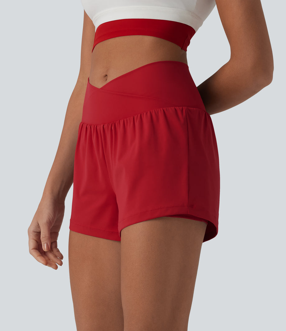 SoftlyZero™ Airy Crossover High Waisted 2-in-1 Cool Touch Yoga Shorts 3'' with Pockets - Salsa