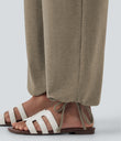 Crossover High Waisted Pocket Drawstring Casual Joggers - Khaki Floral Yarn