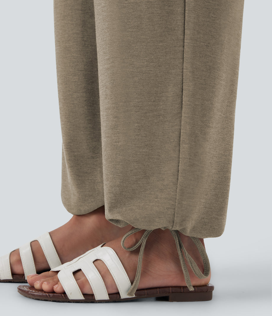 Crossover High Waisted Pocket Drawstring Casual Joggers - Khaki Floral Yarn