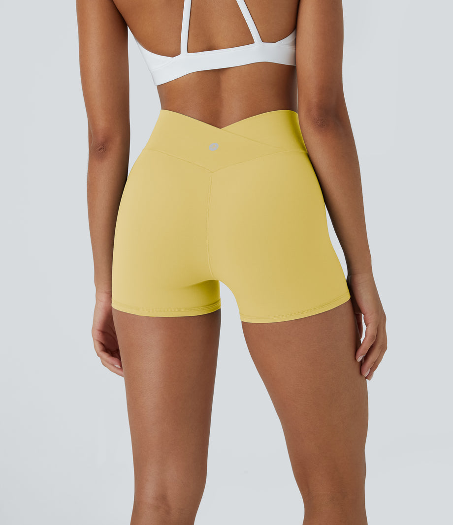 SoftlyZero™ High Waisted Crossover Plain Yoga Biker Shorts 3''-UPF50+ - Lemon Meringue