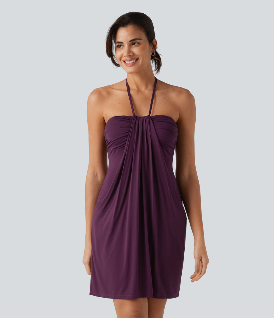 Halter Tie Back Mini Resort Dress with Pockets - Pickled Beet