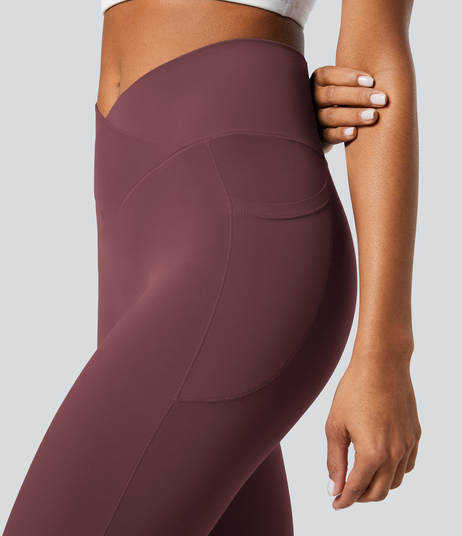 SoftlyZero™ Crossover Pocket Plain Leggings-UPF50+ - Red Mahogany