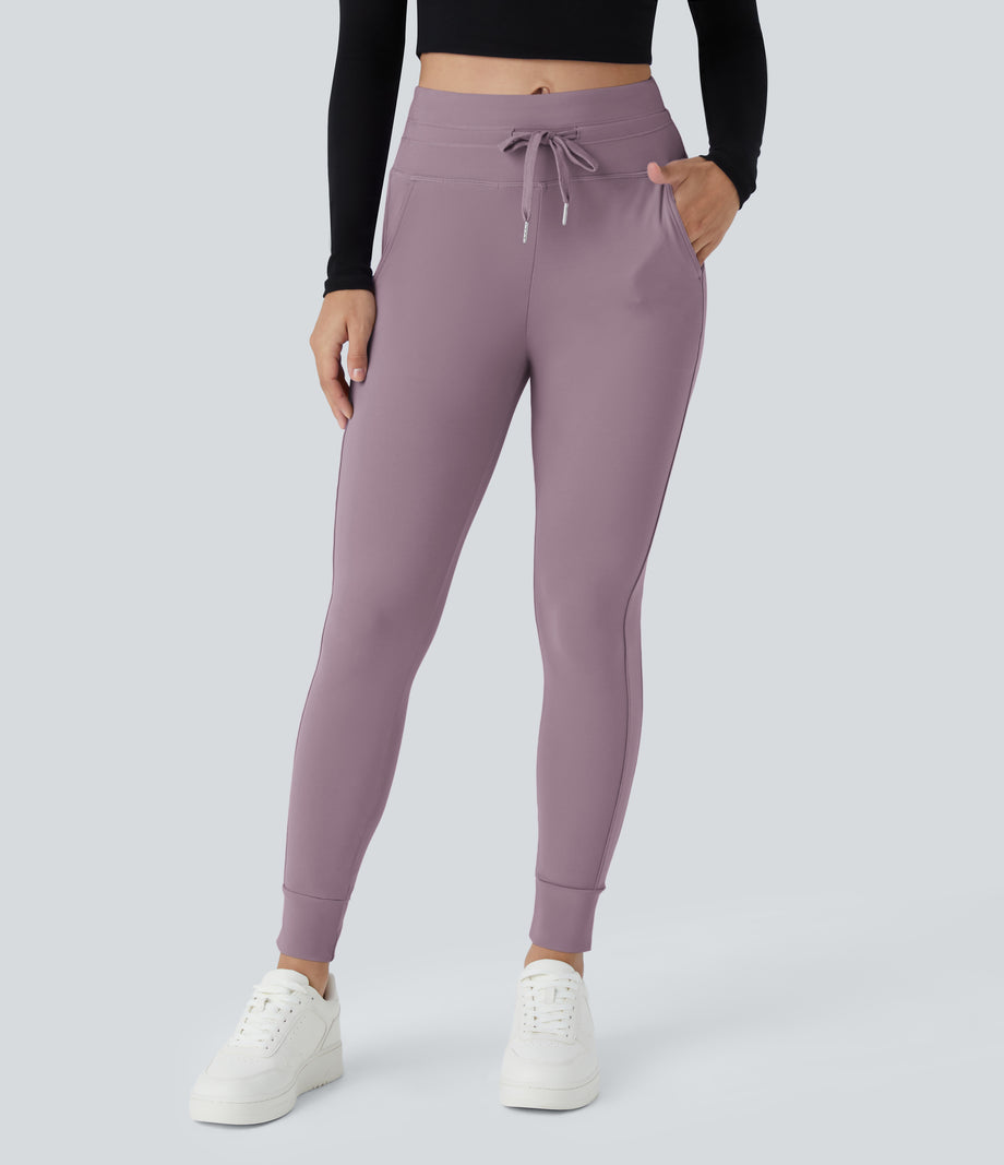 SoftlyZero™ Plush High Waisted Drawstring Pocket Plain Full Length Joggers - Mauve