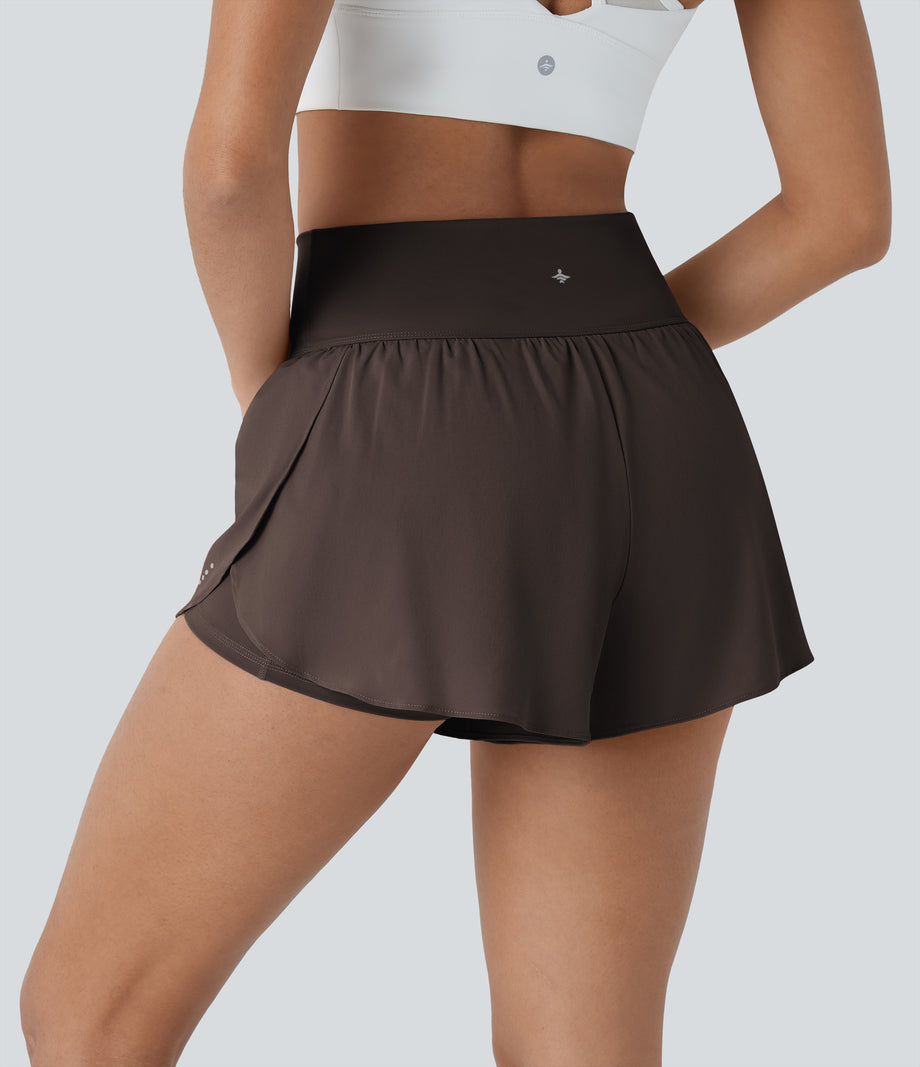 SoftlyZero™ QuickDry High Waisted Tummy Control Reflective Dots Crossover Hem 2-in-1 Running Shorts 3'' with Pockets - Hot Fudge