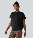 Round Neck Short Sleeve Ruched Cool Touch Yoga Sports Top-UPF50+ - Black