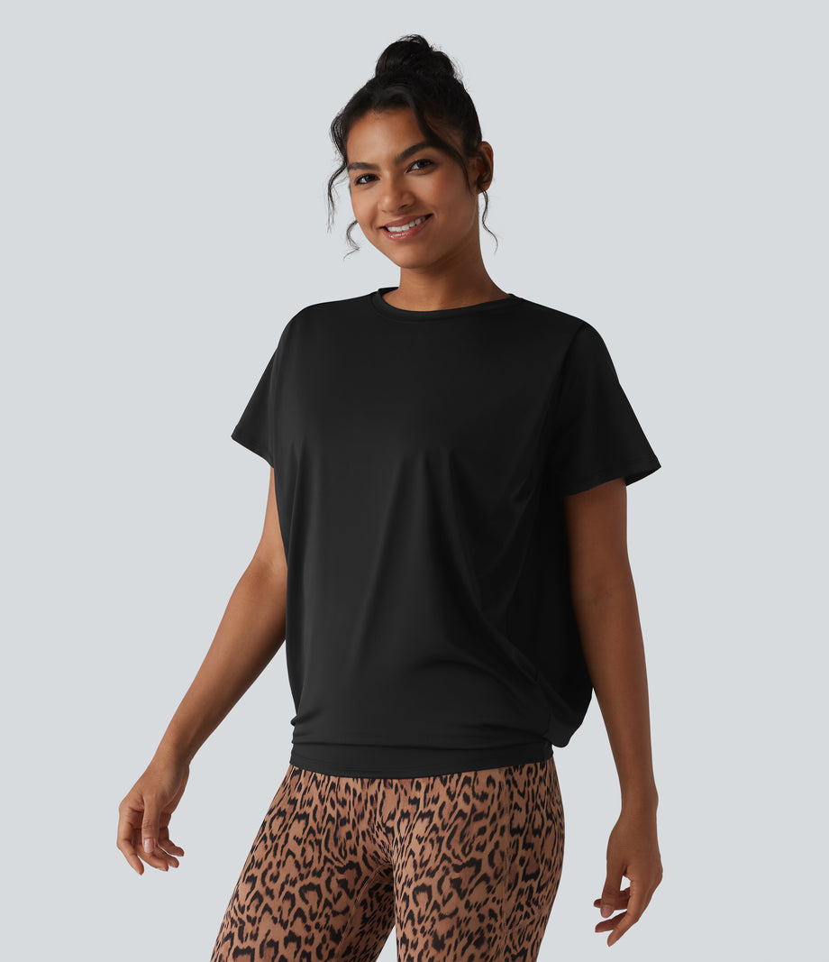 Round Neck Short Sleeve Ruched Cool Touch Yoga Sports Top-UPF50+ - Black