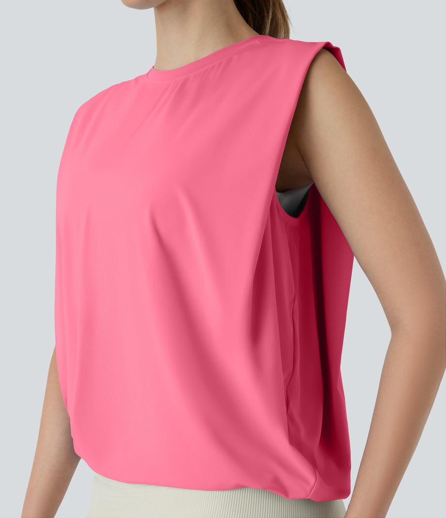 Round Neck Ruched Cool Touch Yoga Tank Top-UPF50+ - Pink Lemonade