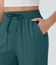 High Waisted Drawstring Pocket Wide Leg Baggy Casual Linen-Feel Pants - Atlantic Deep