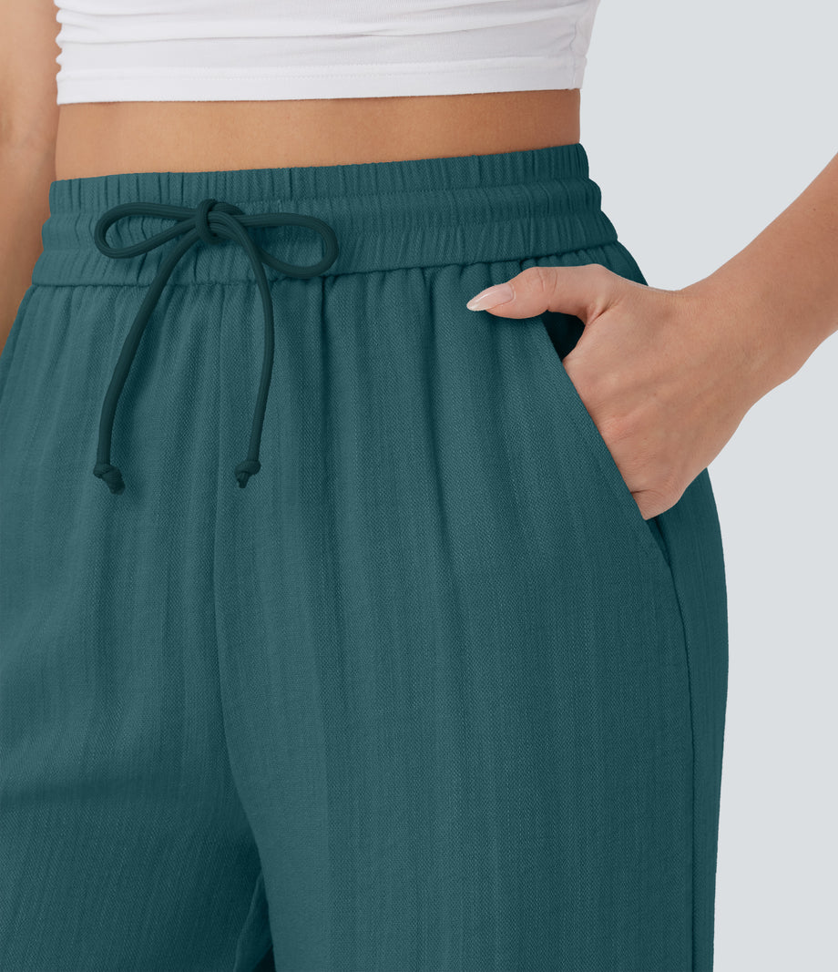 High Waisted Drawstring Pocket Wide Leg Baggy Casual Linen-Feel Pants - Atlantic Deep