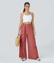 Breezeful™ High Waisted Shirred Tie Front & Back Wide Leg Flowy Quick Dry Casual Pants - Flame Red