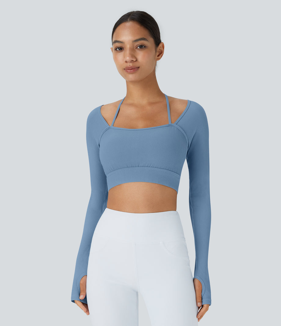 Ribbed Halter Strap Thumb Hole Cropped Yoga Sports Top - Quiet Harbor