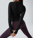 Solid Thumb Hole Yoga Sports Top - Black
