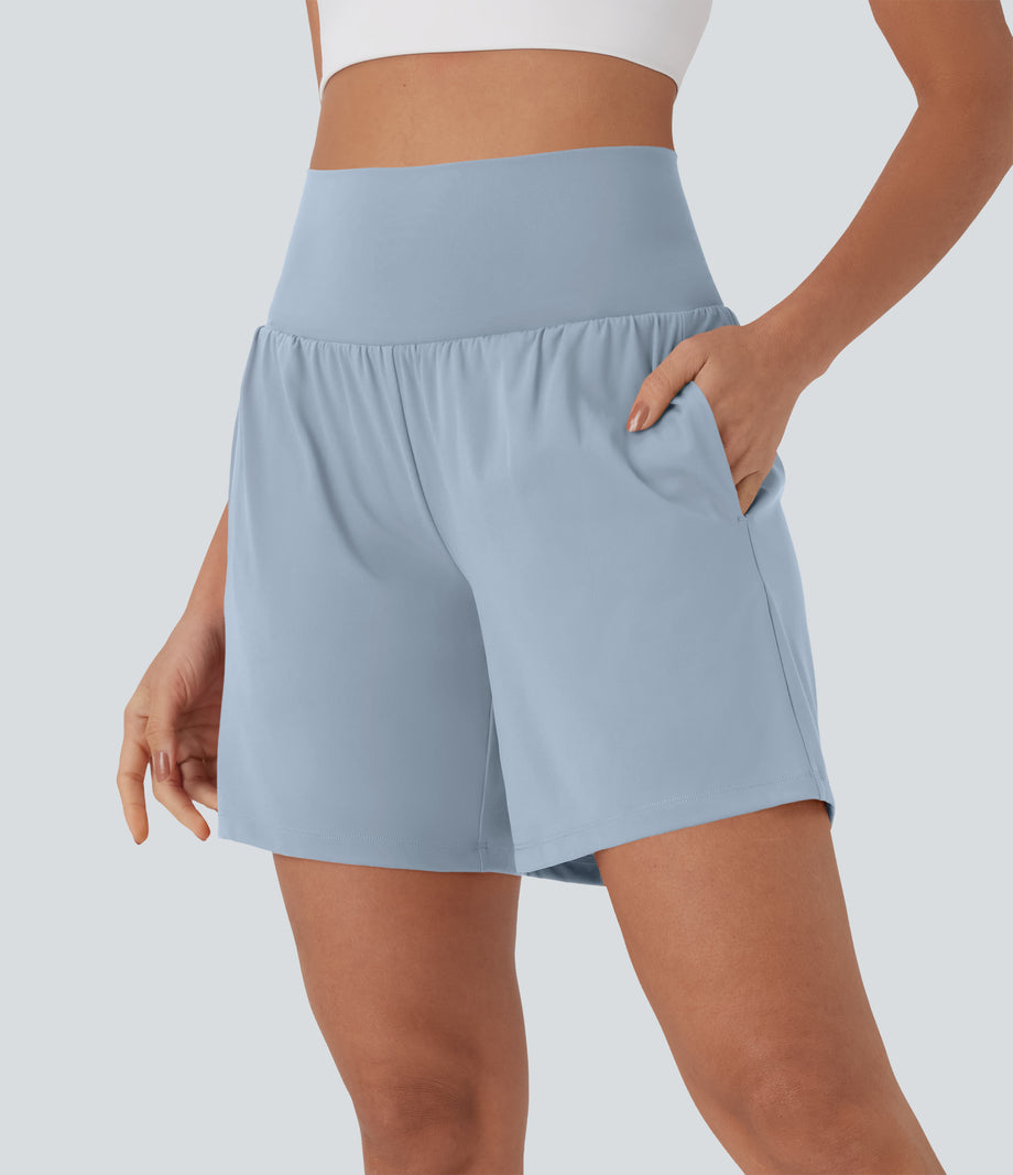 SoftlyZero™ Airy Super High Waisted 2-in-1 Cool Touch Yoga Shorts 7" with Pockets - Baby Blue