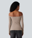 Ribbed Knit Off Shoulder Long Sleeve 2-in-1 Casual Top - Light Taupe