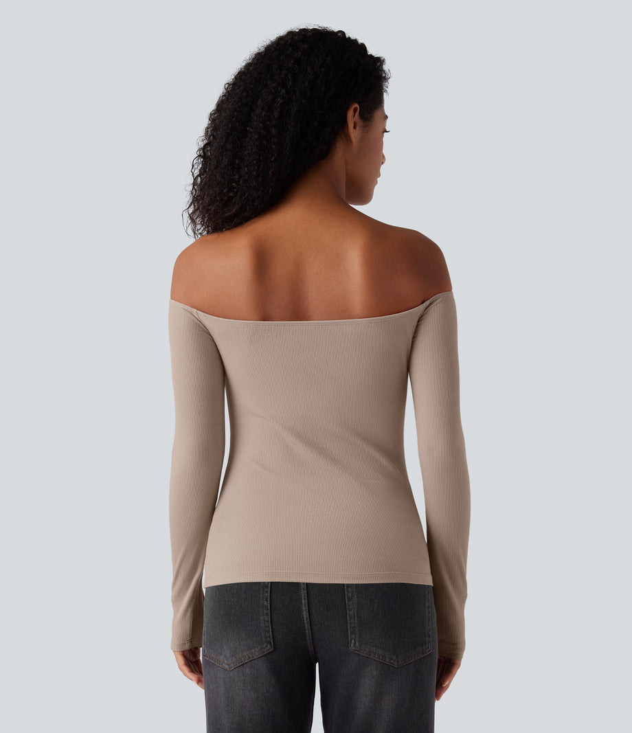 Ribbed Knit Off Shoulder Long Sleeve 2-in-1 Casual Top - Light Taupe
