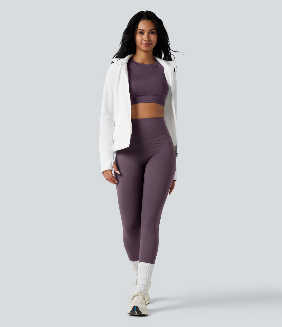 Halara Ultrasculpt™ Heat High Waisted Tummy Control Crossover Back Fleece Running Leggings with Pockets - Night's Purple