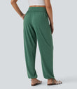 Crossover High Waisted Pocket Drawstring Casual Joggers - Emerald Floral Yarn