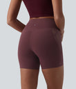 SoftlyZero™ High Waisted Crossover Contrast Lace Pocket Yoga Biker Shorts 5''-UPF50+ - Red Mahogany