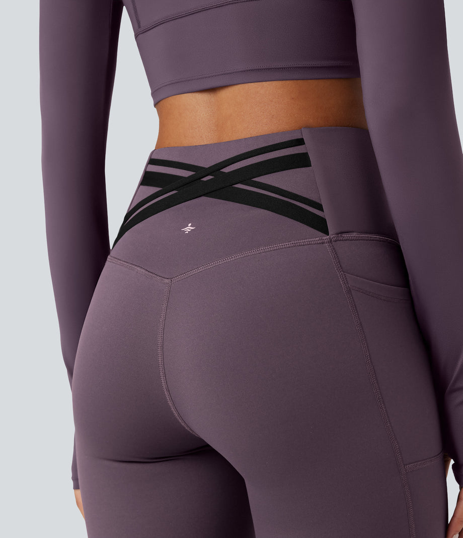 Halara Ultrasculpt™ Heat High Waisted Tummy Control Crossover Back Fleece Running Leggings with Pockets - Night's Purple