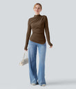 Mock-neck Long Sleeve Ruched Asymmetric Hem Thermal Casual Top - Cocoa