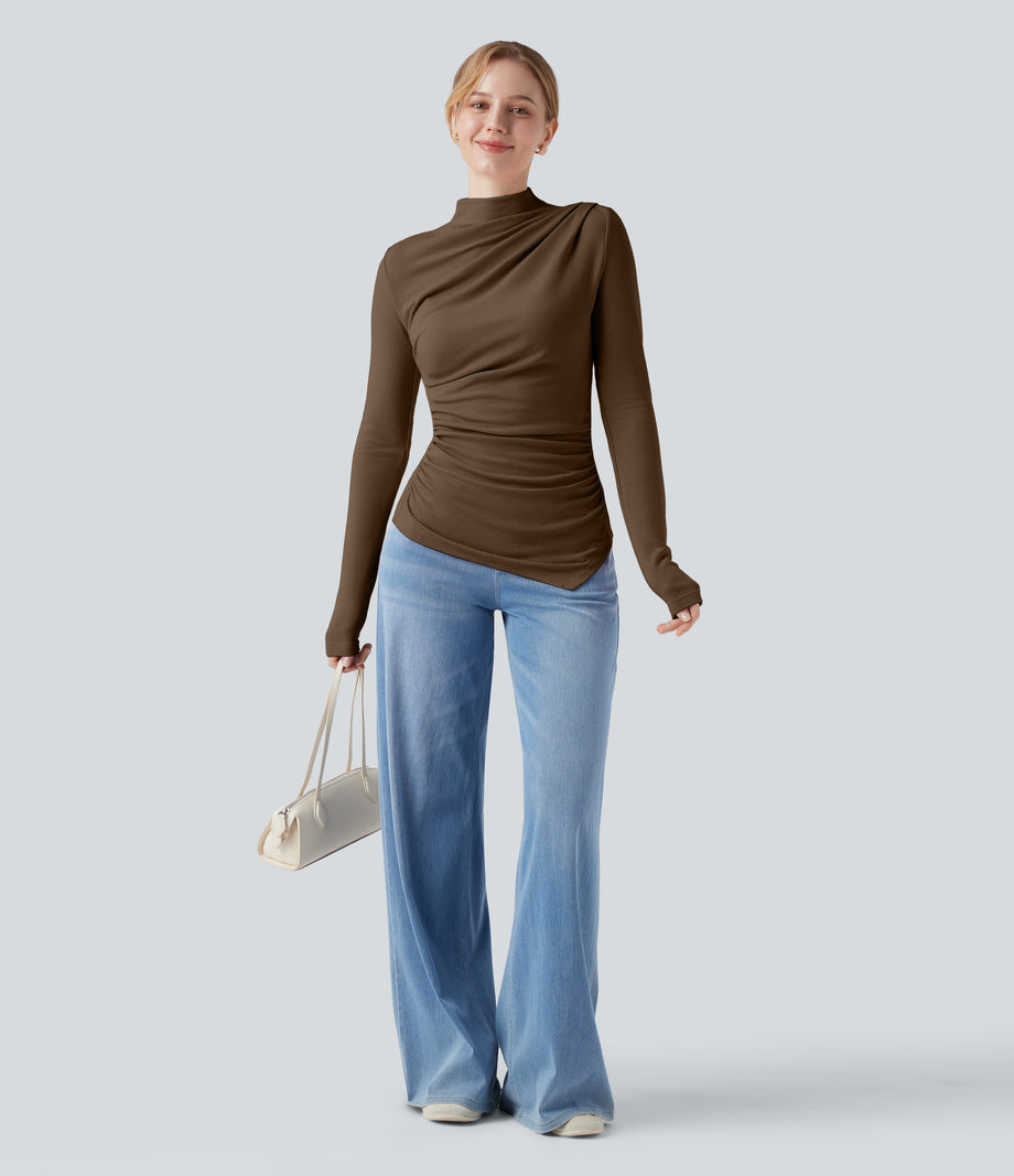 Mock-neck Long Sleeve Ruched Asymmetric Hem Thermal Casual Top - Cocoa