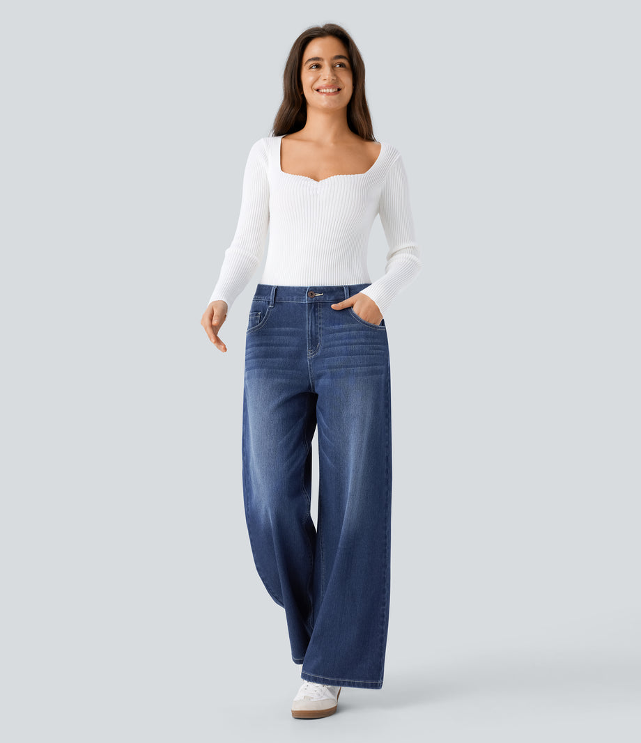 Halara Flex™ Low Rise Zipper Pockets Washed Baggy Wide Leg Casual Jeans - Paint Blue Denim
