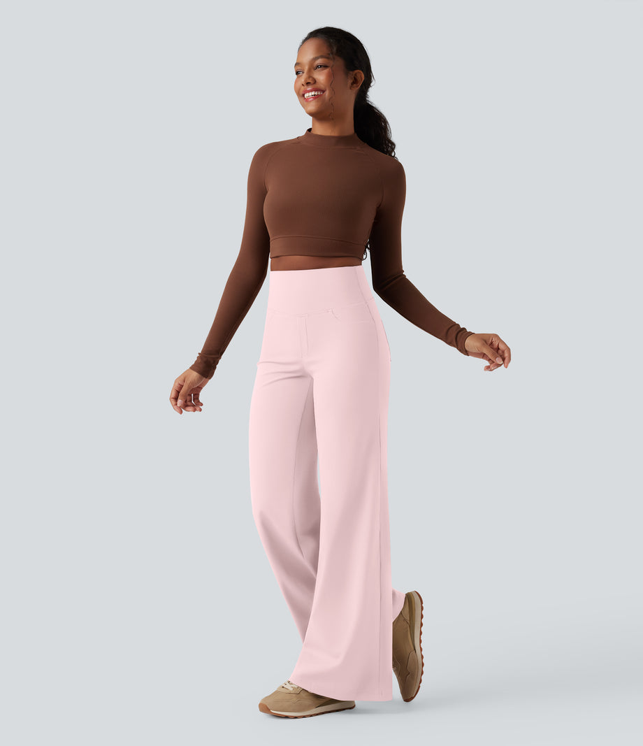 DayStretch High Waisted Tummy Control Wide Leg Baggy Yoga Pants with Pockets - Primrose Pink