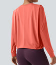 Round Neck Long Sleeve Ruched Yoga Sports Top-UPF50+ - Fusion Coral
