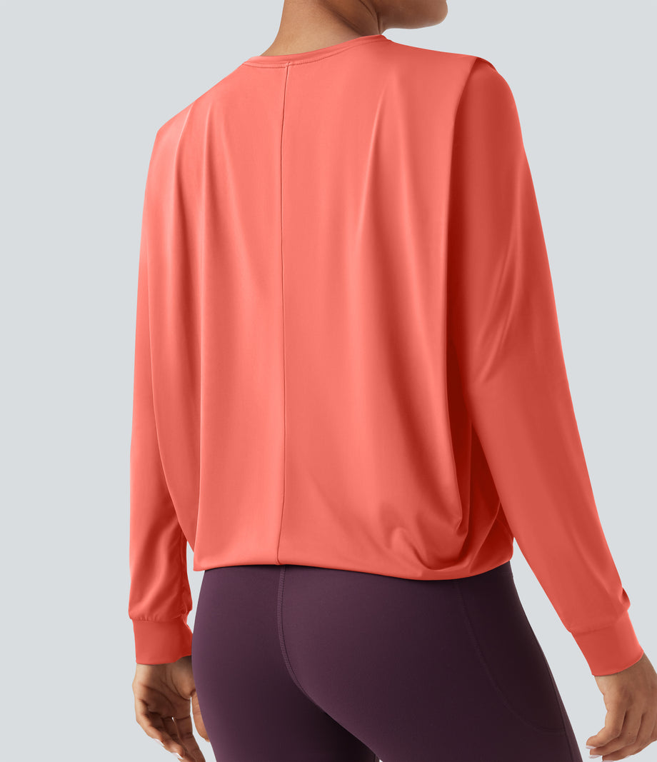 Round Neck Long Sleeve Ruched Yoga Sports Top-UPF50+ - Fusion Coral
