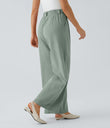 High Waisted Pocket Wide Leg Flowy Solid Palazzo Casual Linen-Feel Pants - Iceberg Green