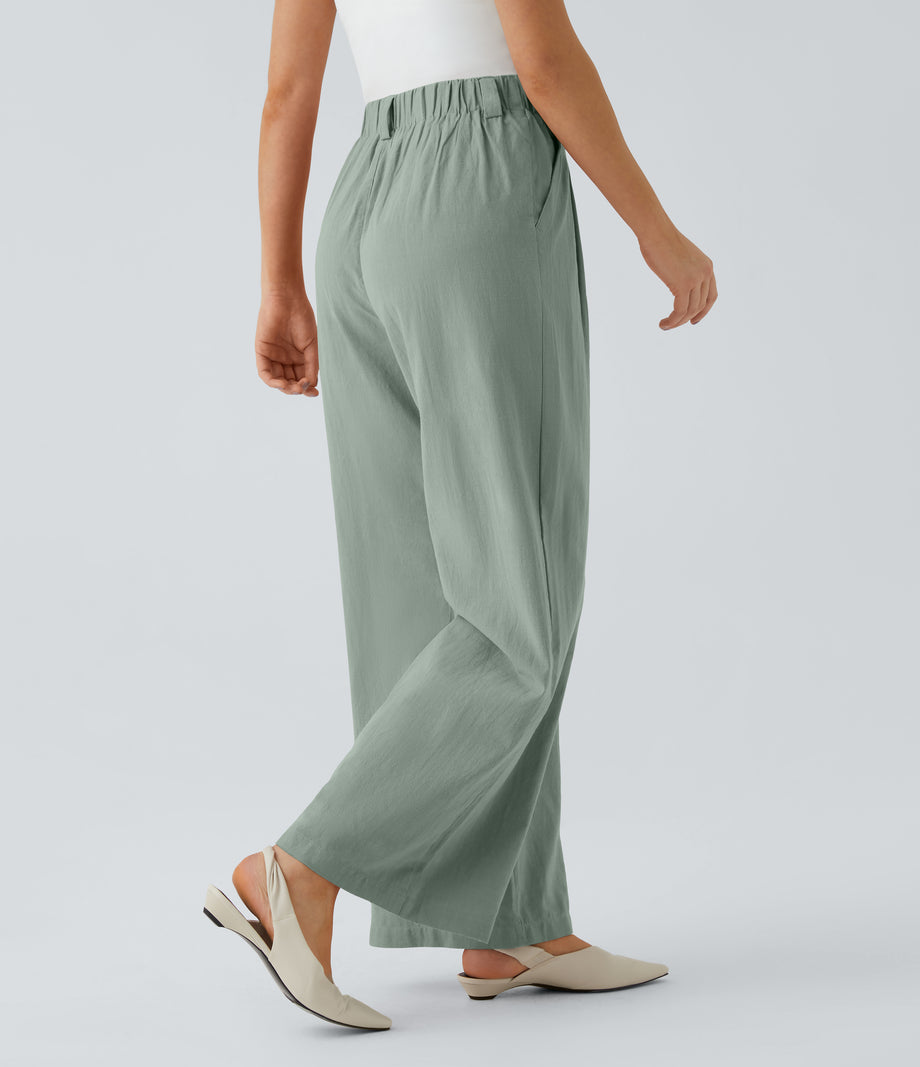 High Waisted Pocket Wide Leg Flowy Solid Palazzo Casual Linen-Feel Pants - Iceberg Green