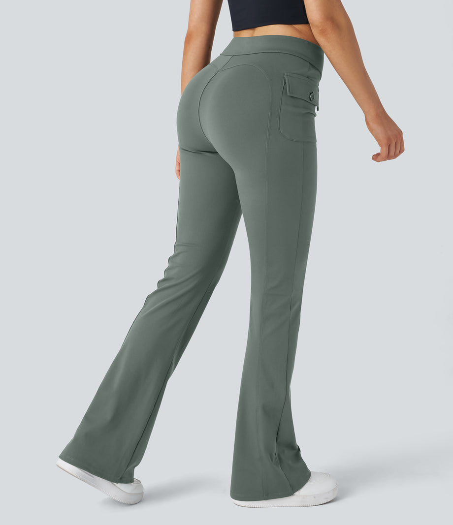 High Waisted Side Flap Pocket Flare Casual Cargo Pants - Deep Aquamarine
